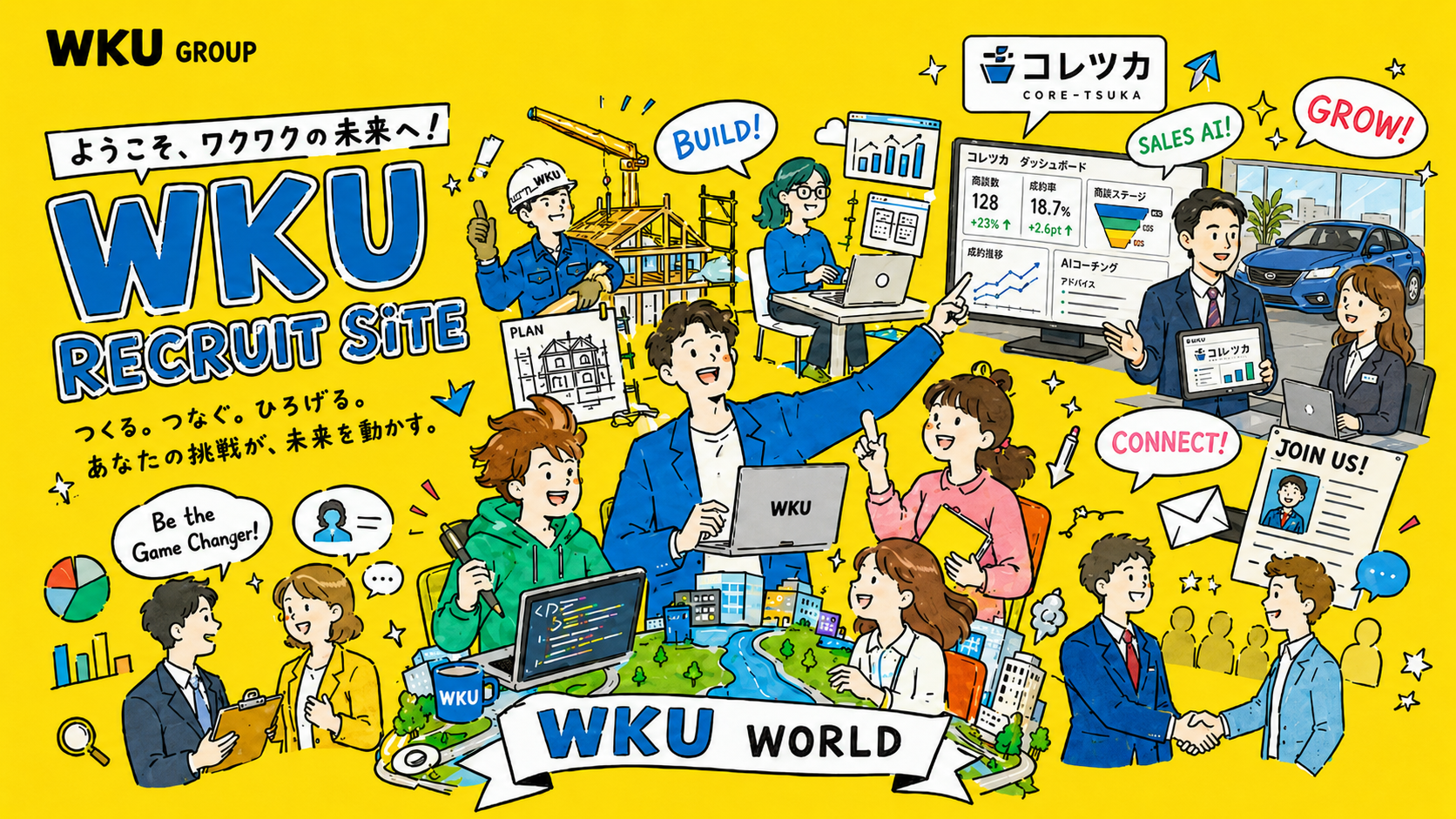 WKU RECRUIT SITEのメインビジュアル。建設、IT、営業、人材、バックオフィスなど多様な職種が描かれている
