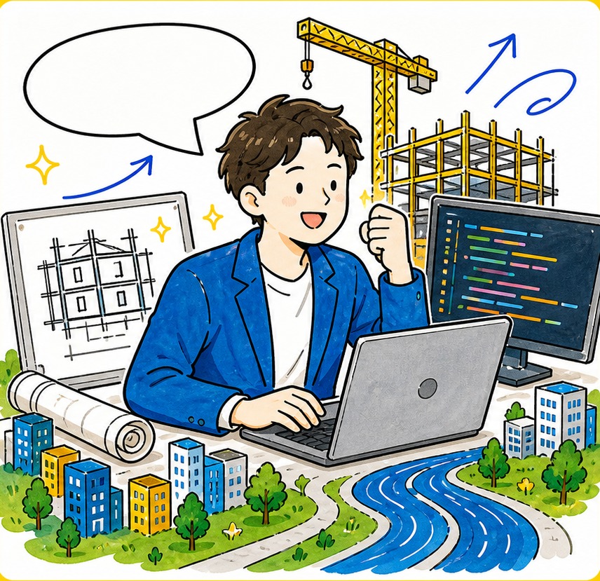 2027年卒向けの建設とITを表す手描きイラスト